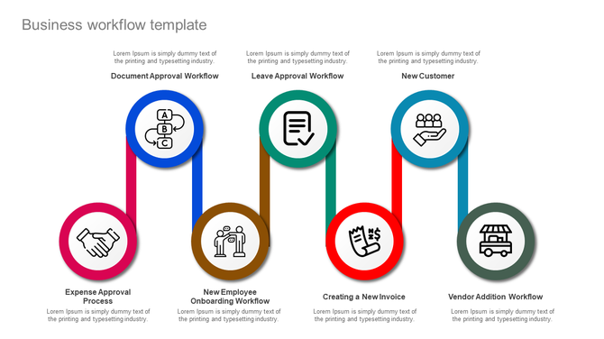 Business workflow infographic with six circular icons connected by curved lines, each representing a different process.