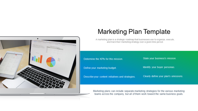 A marketing plan slide featuring a laptop with charts and a calendar, alongside key steps for creating a marketing plan.