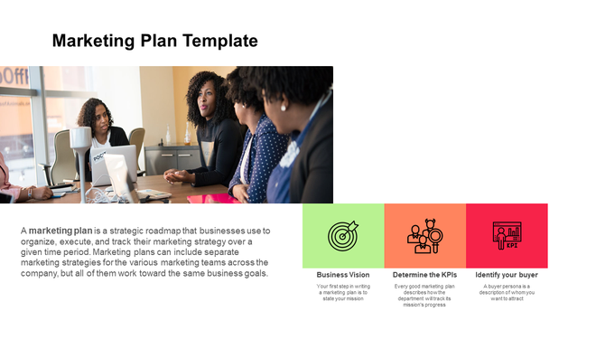 Marketing plan slide with an image of a team discussing strategy, alongside three sections with icons and text below.