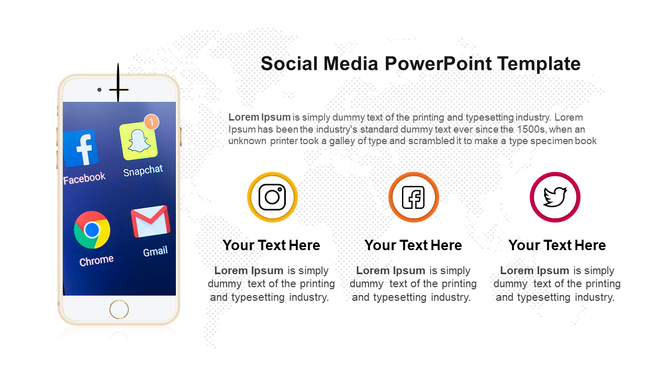 Social media slide with a smartphone showing app icons and three circular icons for Instagram, Facebook, and Twitter.