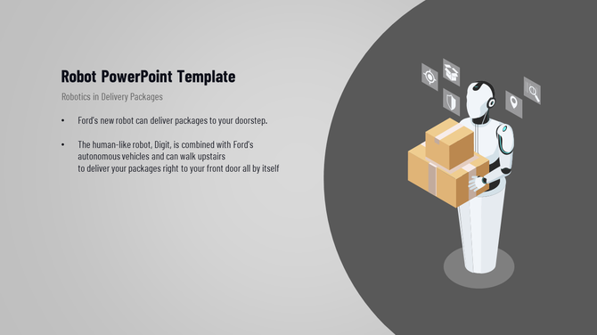 Robot PowerPoint template showcasing a humanoid robot holding packages with icons of technology and delivery.