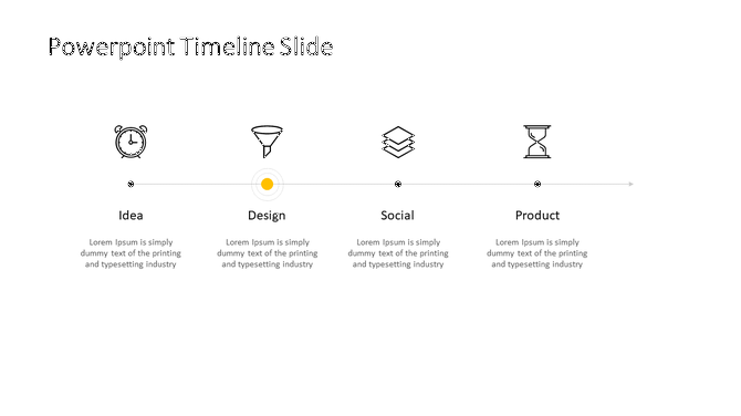 Horizontal timeline design with four milestones in black and white icons, and a subtle yellow highlight on the second step.