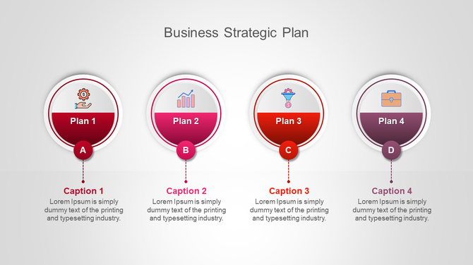 Business strategic plan infographic with four circular icons labeled with plans, each linked to captions with descriptions.