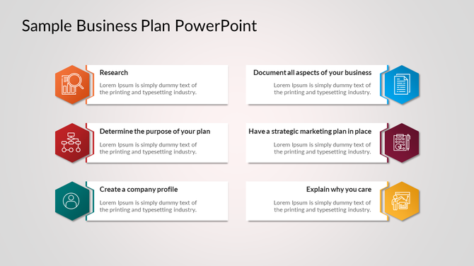 Business plan slide with six hexagonal icons in orange, blue, red, maroon, green, and yellow, each linked to text boxes.
