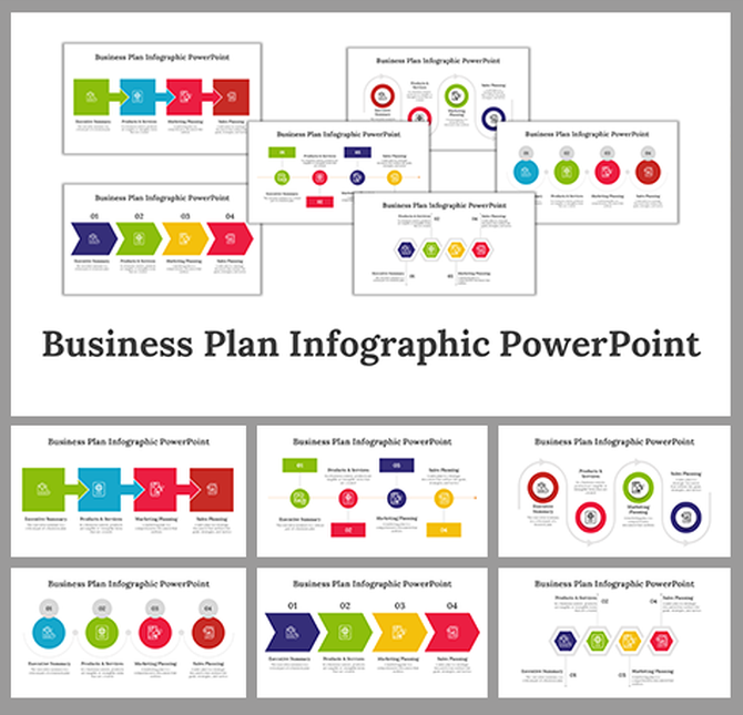Business plan infographic slides featuring various business plan elements in colorful layouts with icons.