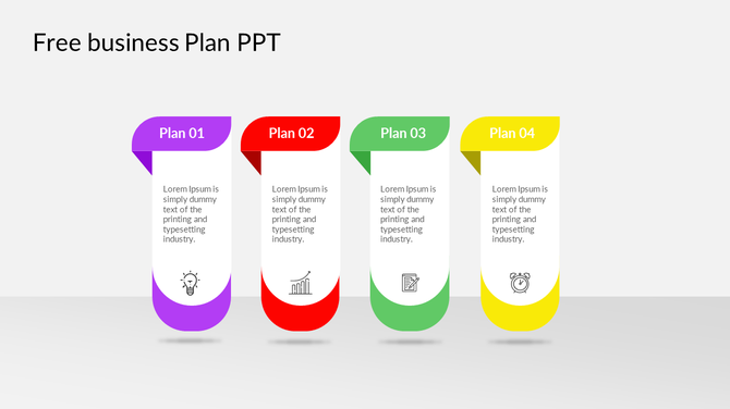 Colorful business plan infographic with four vertical sections, each titled plan 01 to plan 04, featuring placeholder text.