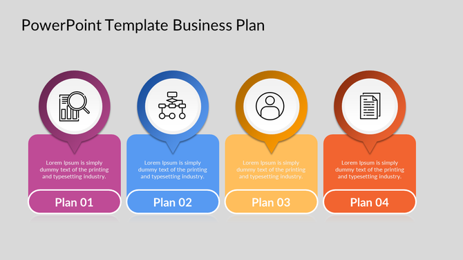 Business plan infographic with four sections in purple, blue, orange, and red, each featuring a title, text, and an icon.