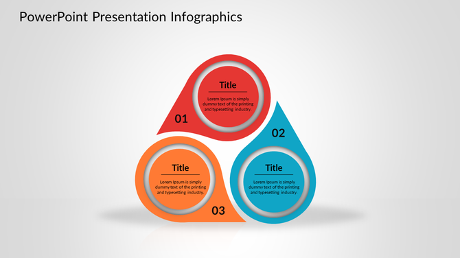Infographic slide featuring three teardrop-shaped elements with numbers and placeholder text inside circular designs.