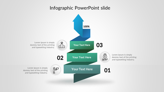 Spiral infographic with three green steps, 01 to 03, leading to a blue arrow marked 100%, with icons and text placeholders.
