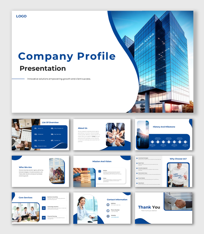 Company profile slide deck featuring history, services, mission, and contact details, in a blue and white theme.