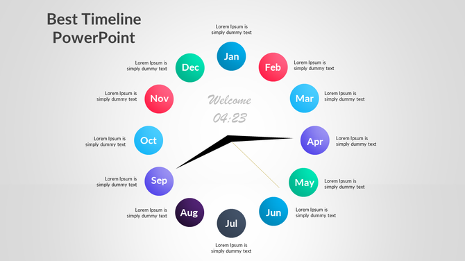 Colorful circular timeline PowerPoint template with 12 months, including placeholders for text around the clock.