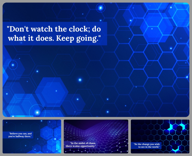 Polygonal background PowerPoint slides featuring colorful hexagonal patterns and an inspiring quote on perseverance.