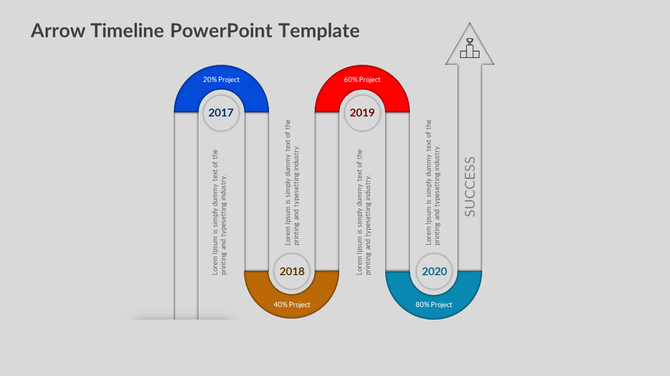 Arrow shaped timeline slide with colorful project milestones for 2017, 2018, 2019, and 2020, showing progress in percentages.
