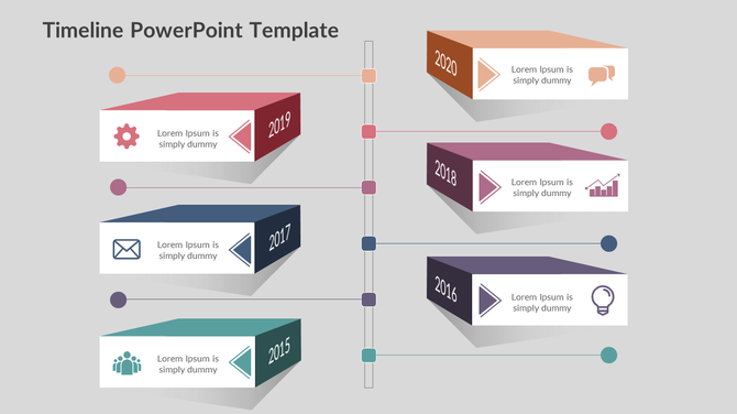 Timeline design with rectangular blocks in various colors, representing years from 2015 to 2020, with icons and descriptions.