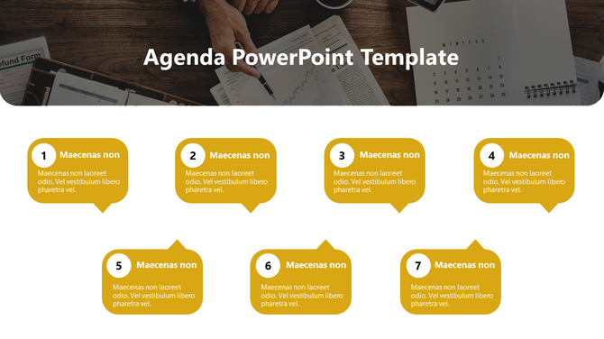 Agenda slide with seven yellow speech bubbles containing placeholder text, arranged in two rows on a white and dark overlay.