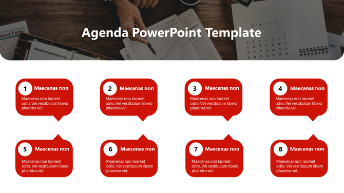 Agenda PowerPoint template with 8 numbered sections, each in a red speech bubble style.