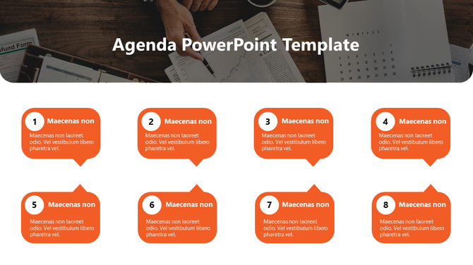 Orange speech bubble agenda layout with nine items in two rows, set against a white and semi transparent dark background. 