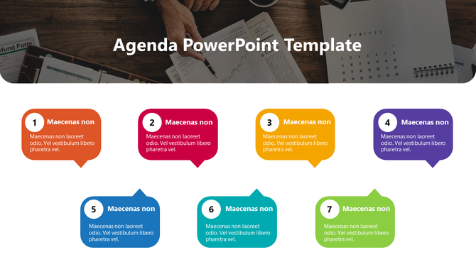 Agenda PowerPoint template with seven colored speech bubbles, each containing a numbered item and description.