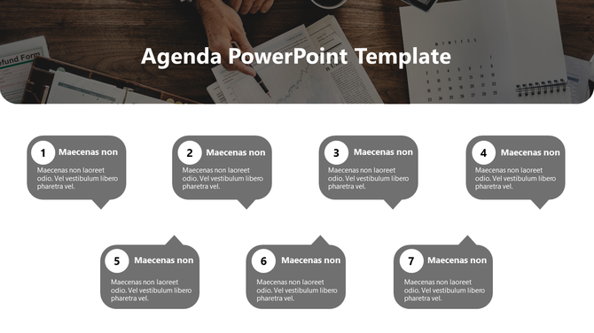 Agenda slide with seven gray speech bubbles containing placeholder text, arranged in two rows on a white and dark overlay. 