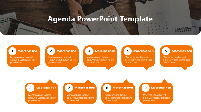 Agenda slide showing nine orange speech bubbles, each with a number and placeholder text, below the desk background.