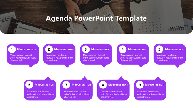 Agenda PowerPoint template with numbered purple text boxes, each representing a different agenda item.