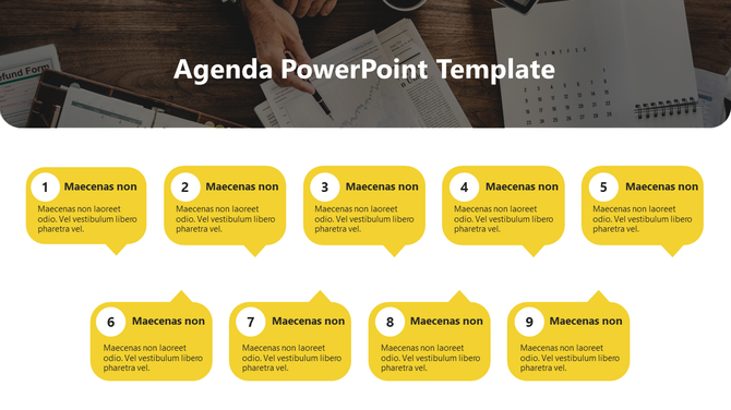 Agenda slide with nine yellow speech bubbles containing placeholder text, arranged in rows on a white and gold background. 