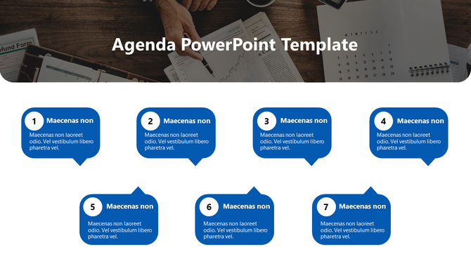 Agenda slide with seven numbered blue speech bubbles in two rows, each containing placeholder text areas.