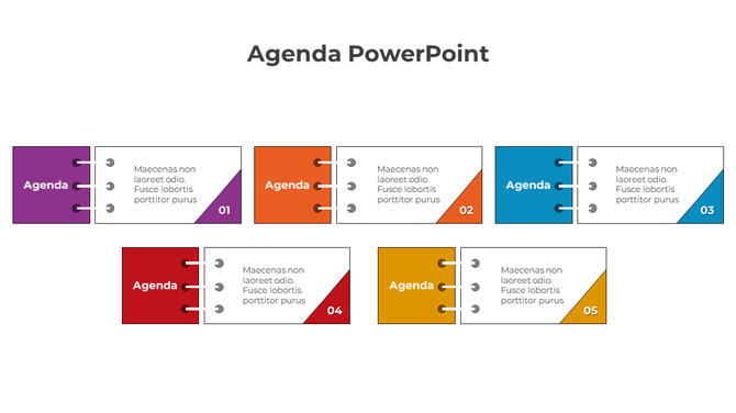 Agenda slide with five binder style tabs in purple, orange, blue, red, and yellow, each with numbered details.