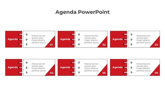 Professional red and white agenda PowerPoint template with numbered sections on a white backdrop.