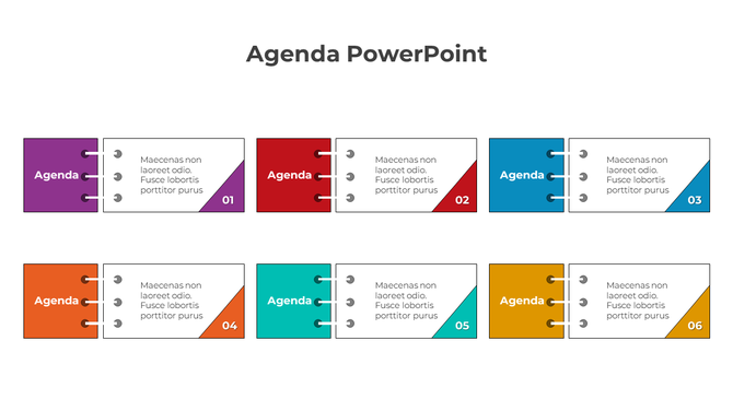 Colorful agenda slide showing six sections with numbers, placeholders, and binder rings on the left side.