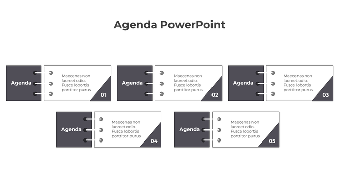 Slide with a simple agenda layout, featuring gray tabs numbered 01 to 05, each with placeholder text.