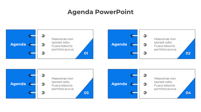 Agenda PowerPoint template with numbered sections and icons representing each agenda point.