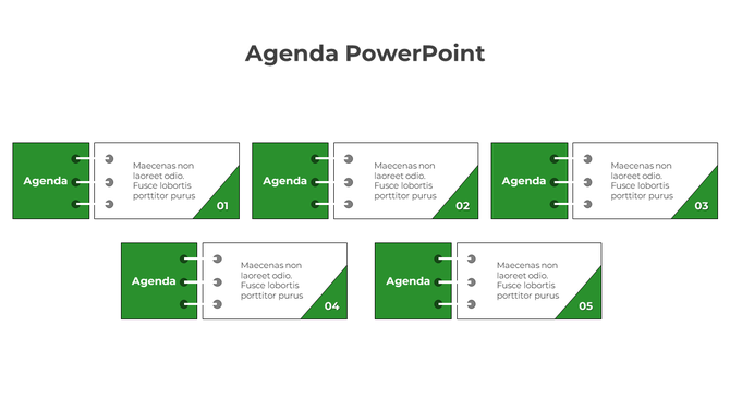 Green agenda slide with five horizontal notebook sections, each having a green tab, white content area, and numbered corner. 