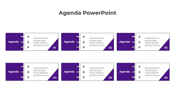 Agenda template with six notebook segments, each with a purple tab, white text area, binder rings, and diagonal section. 
