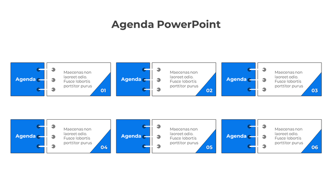 Horizontal agenda slide with six items in alternating blue and white boxes, numbered sequentially.