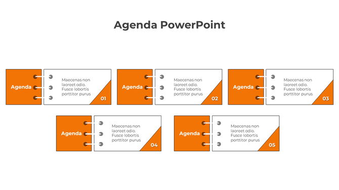 Professional agenda PowerPoint slide with numbered sections and orange design elements on a white theme.