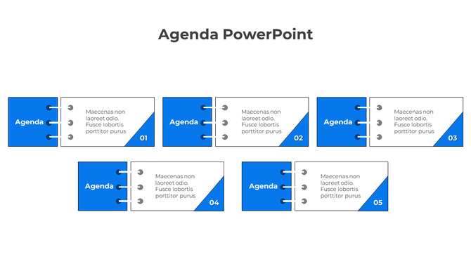 Agenda slide with five numbered sections, labeled 01 to 05, each containing text in blue tab designs.