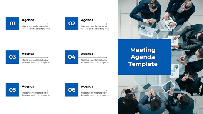 Business strategy session slide featuring numbered agenda items beside an aerial view of a collaborative team meeting.