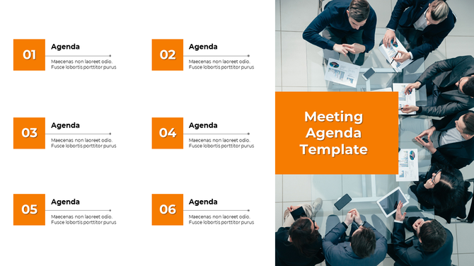 Meeting agenda template with six numbered agenda points in orange boxes on the left and a group of people in a meeting. 