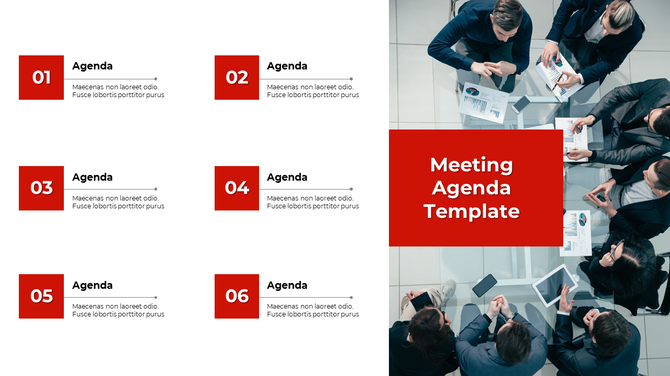 PPT slide displaying a meeting agenda with six agenda items, each accompanied by a red square and text, with a photo.