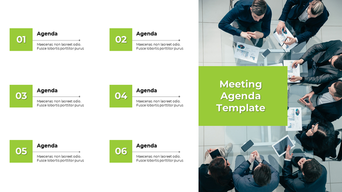 Agenda template featuring six green numbered box connected to text, with a business meeting image and a green title section.
