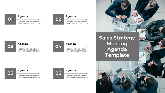 Six numbered gray boxes with agenda items, alongside an overhead view of a meeting with an overlay square box of title.