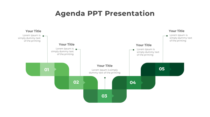 Green agenda slide with a five step zigzag path, numbered segments, and text boxes connected to each step via dotted lines. 