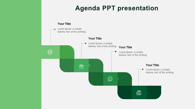 Green themed agenda slide with a sidebar and five stairs like sections, each marked with icons and text placeholder.