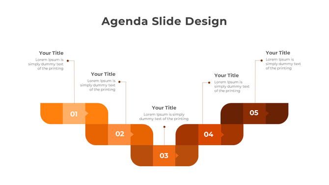 Agenda PPT slide design with numbered blocks in shades of orange and brown, each containing placeholder titles and text.