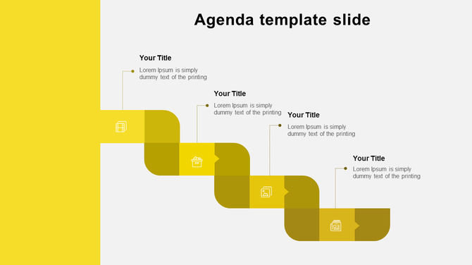 Agenda slide with a yellow zigzag path, four icons representing steps, and text boxes connected to each step with lines. 