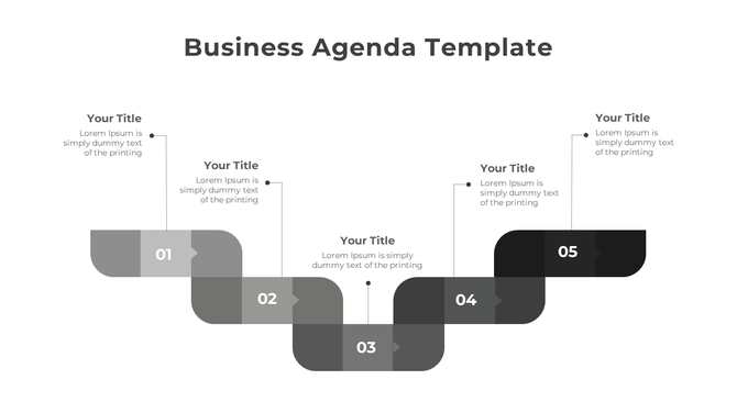 Agenda slide with a grayscale zigzag path, five numbered steps, and text boxes connected to each step with dotted lines.