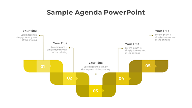 Yellow themed agenda layout with five numbered steps, each connected in a staircase layout with title placeholders.