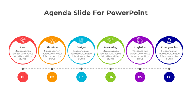Agenda PPT slide with colorful icons from idea to emergencies with color coded icons with text descriptions.