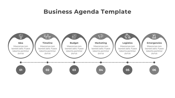 Agenda slide featuring six gray cirular markers connected by a dotted line, each representing a key business concept.